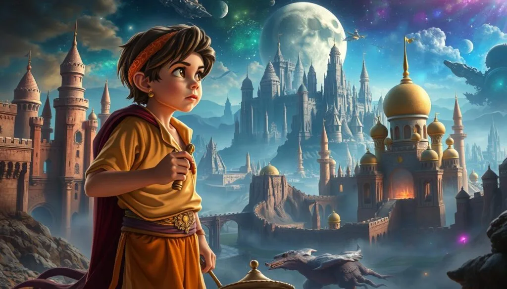 Aladdin exploring diverse universes and eras, a fantastical crossover odyssey. In the foreground, the iconic street urchin from Agrabah stands, Lamp in hand, gazing upon a kaleidoscope of alternative realities - medieval castles, futuristic cityscapes, and mythical realms. Intricate details paint the scene, from the lavish textures of his iconic outfit to the mesmerizing landscapes that surround him. Dramatic lighting casts dramatic shadows, evoking a sense of wonder and adventure. Aladdin's expression is one of curiosity and determination, as he steps through the portals of imagination, ready to uncover the secrets of these alternate versions of his world. Aladdin exploring diverse universes and eras, a fantastical crossover odyssey. In the foreground, the iconic street urchin from Agrabah stands, Lamp in hand, gazing upon a kaleidoscope of alternative realities - medieval castles, futuristic cityscapes, and mythical realms. Intricate details paint the scene, from the lavish textures of his iconic outfit to the mesmerizing landscapes that surround him. Dramatic lighting casts dramatic shadows, evoking a sense of wonder and adventure. Aladdin's expression is one of curiosity and determination, as he steps through the portals of imagination, ready to uncover the secrets of these alternate versions of his world.
