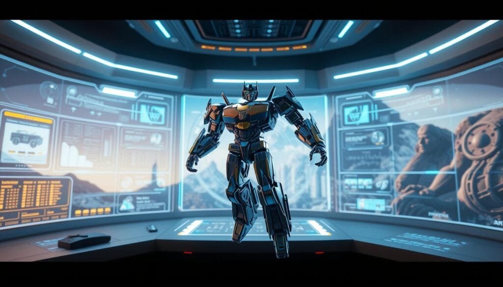 An advanced AI platform for generating Transformer images, with a futuristic holographic interface and a diverse array of customization options. The scene features a sleek, minimalist control center, where glowing panels and digital displays showcase the powerful image-creation tools. In the foreground, a Transformer model hovers, its metallic form illuminated by a warm, cinematic lighting. The background blends seamless digital environments, conveying a sense of technological innovation and boundless creative potential. The overall atmosphere is one of awe-inspiring, state-of-the-art image generation capabilities, ready to bring the iconic Transformers universe to life.