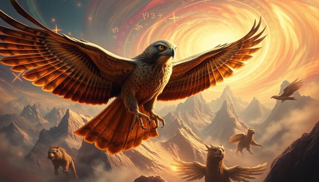 An ancient falcon, its wings spread wide, soaring over a fantastical landscape. In the foreground, mystical runes and symbols float in the air, casting an ethereal glow. The falcon's eyes gleam with an otherworldly intelligence, its feathers iridescent in the warm, golden light. In the middle ground, towering, windswept mountains rise, their peaks shrouded in mist. Mythical creatures, half-bird, half-beast, circle the falcon, their forms blurred and ephemeral. The background is a swirling vortex of color, hues of indigo, violet, and crimson, evoking a sense of magic and the unknown. The scene is captured with a wide-angle lens, emphasizing the vastness and grandeur of the fantastical realm.
