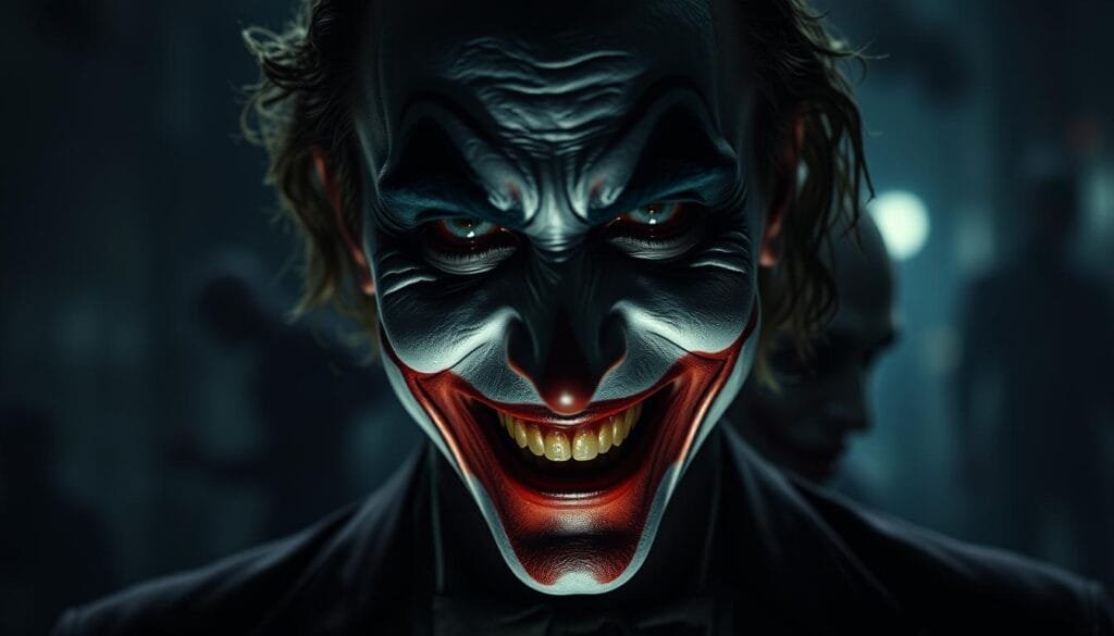 An eerie, cinematic portrait of the Joker in various unsettling alternate forms. A dark, moody lighting illuminates the Joker's haunting visage from below, casting ominous shadows that conceal his true nature. His grinning face is marked with unsettling prosthetics, disfigurements, or paint, transforming him into a nightmarish, otherworldly entity. The background is blurred and atmospheric, hinting at a chaotic, dystopian Gotham City landscape. The Joker's gaze is intense and unnerving, drawing the viewer into his twisted psyche. An unsettling, high-contrast lens brings a sense of unease and discomfort to the scene, capturing the Joker's malevolent essence in all its disturbing glory. An eerie, cinematic portrait of the Joker in various unsettling alternate forms. A dark, moody lighting illuminates the Joker's haunting visage from below, casting ominous shadows that conceal his true nature. His grinning face is marked with unsettling prosthetics, disfigurements, or paint, transforming him into a nightmarish, otherworldly entity. The background is blurred and atmospheric, hinting at a chaotic, dystopian Gotham City landscape. The Joker's gaze is intense and unnerving, drawing the viewer into his twisted psyche. An unsettling, high-contrast lens brings a sense of unease and discomfort to the scene, capturing the Joker's malevolent essence in all its disturbing glory.