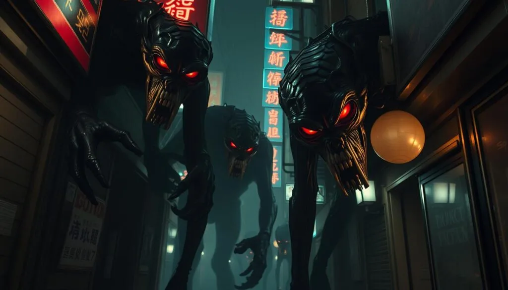 An eerie, dimly lit alleyway in the heart of Tokyo, where a group of towering, monstrous ghouls lurk in the shadows. Their inhuman features are illuminated by the flickering neon signs above - jagged, elongated limbs, sharp teeth, and crimson eyes that glow with a sinister intensity. The air is thick with a palpable sense of dread, as the ghouls watch their prey with predatory focus, ready to strike at any moment. In the foreground, the details of their horrifying visages are rendered in vivid, unsettling clarity, while the background fades into a hazy, dreamlike blur, emphasizing the ghouls' otherworldly presence. The overall atmosphere is one of tension, danger, and the unsettling realization that these are no ordinary monsters, but terrifying embodiments of the darkest aspects of the human condition.