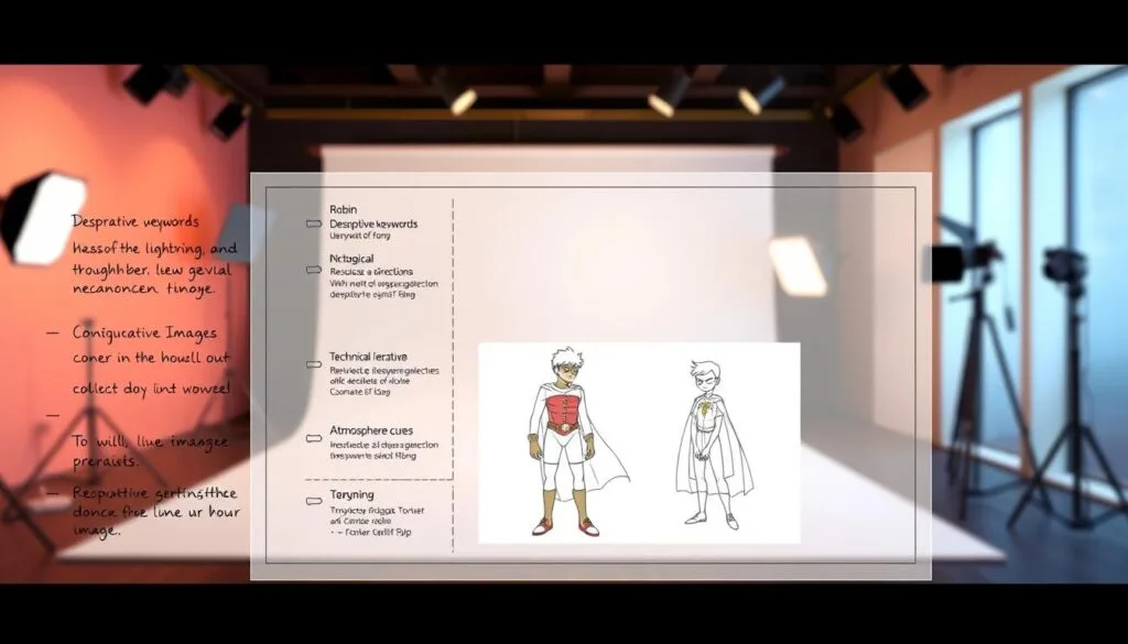 An elegant, architectural illustration of a structured prompt for generating images of Robin. In the foreground, a detailed blueprint diagram outlines the key components - descriptive keywords, technical directives, and atmospheric cues. The middle ground features a trio of Robin character sketches, each with a unique pose and expression. In the background, a softly lit studio setting with photographic equipment and mood lighting creates a professional, creative ambiance. The overall composition conveys a sense of thoughtful planning and artistic intentionality in crafting prompts for AI-generated images of the iconic character. An elegant, architectural illustration of a structured prompt for generating images of Robin. In the foreground, a detailed blueprint diagram outlines the key components - descriptive keywords, technical directives, and atmospheric cues. The middle ground features a trio of Robin character sketches, each with a unique pose and expression. In the background, a softly lit studio setting with photographic equipment and mood lighting creates a professional, creative ambiance. The overall composition conveys a sense of thoughtful planning and artistic intentionality in crafting prompts for AI-generated images of the iconic character.
