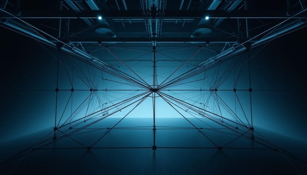 An elegant, intricate structure of interconnected lines and shapes, representing the fundamental elements of a compelling prompt for elite image creation with AI. The arrangement has a sense of balance and symmetry, yet with subtle asymmetries that add visual interest. The lines are bold and precise, conveyed through a high-contrast, industrial aesthetic, bathed in cool, directional lighting that casts dramatic shadows. The overall mood is one of technical sophistication and visual mastery, hinting at the power and potential of a well-crafted prompt to unlock breathtaking AI-generated imagery.