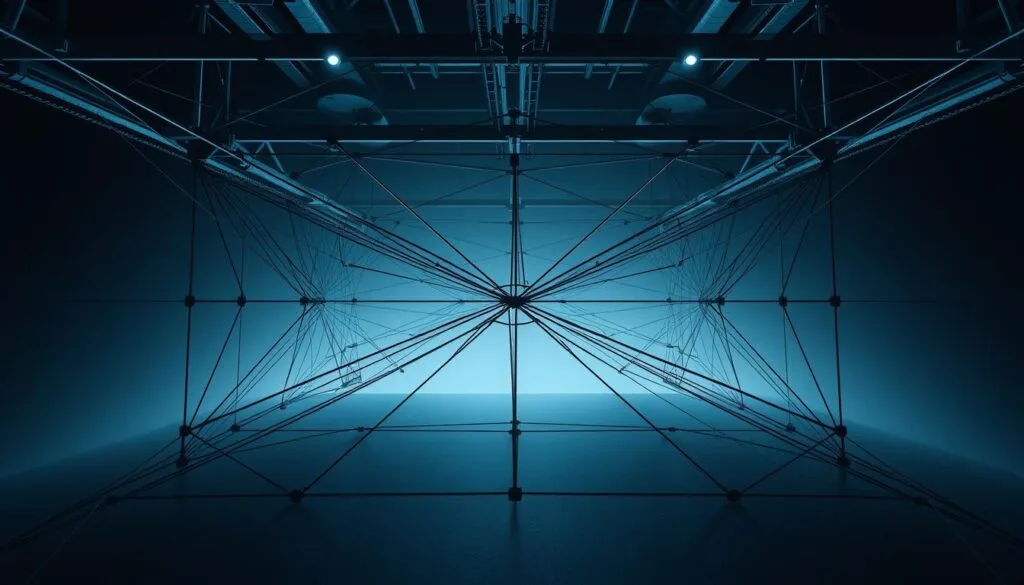 An elegant, intricate structure of interconnected lines and shapes, representing the fundamental elements of a compelling prompt for elite image creation with AI. The arrangement has a sense of balance and symmetry, yet with subtle asymmetries that add visual interest. The lines are bold and precise, conveyed through a high-contrast, industrial aesthetic, bathed in cool, directional lighting that casts dramatic shadows. The overall mood is one of technical sophistication and visual mastery, hinting at the power and potential of a well-crafted prompt to unlock breathtaking AI-generated imagery.