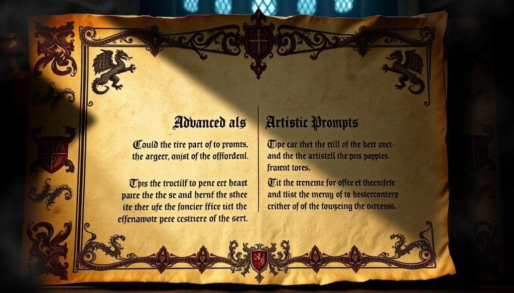 An elegantly styled medieval manuscript page, with a detailed illuminated border featuring the heraldic sigils and dragons of House Targaryen. The center features advanced artistic prompts for refining text-to-image models, rendered in an ornate calligraphic script. The background has a moody, atmospheric look with dramatic lighting, casting shadows and highlights that accentuate the textured vellum-like surface. The overall composition has a sense of depth, with the prompts in the foreground, a middle ground with the border illustrations, and a hazy background suggestive of a medieval castle interior.