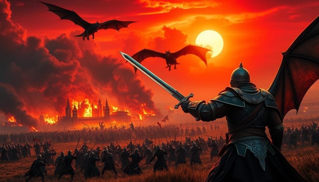 An epic battle rages across the fields of House Targaryen's domain, with dragons soaring overhead and knights clashing in a clash of steel and fire. In the foreground, a valiant Targaryen warrior brandishes a gleaming sword, their armor reflecting the glow of the burning buildings in the distance. Billowing smoke and the thunderous roar of the dragons create an atmospheric and foreboding backdrop, as the middle ground is filled with the chaos of the battle, with soldiers engaged in fierce hand-to-hand combat. The sky is ablaze with the crimson hues of the setting sun, casting a dramatic and ominous light over the entire scene. The perspective is low and slightly angled, heightening the sense of immersion and scale of the conflict. Cinematic lighting and a realistic, gritty art style evoke the epic nature of the struggle for control of the House of the Dragon.