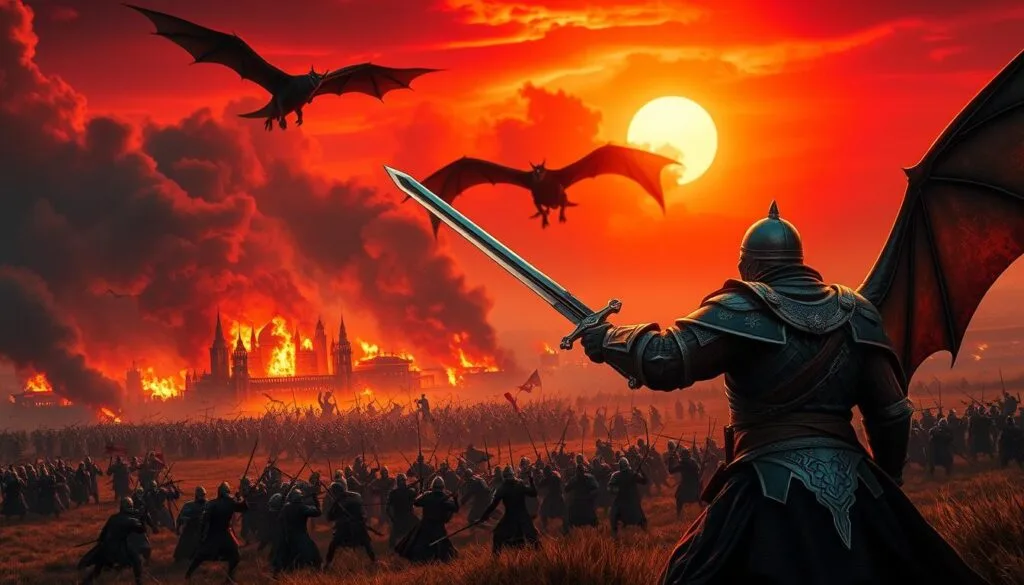 An epic battle rages across the fields of House Targaryen's domain, with dragons soaring overhead and knights clashing in a clash of steel and fire. In the foreground, a valiant Targaryen warrior brandishes a gleaming sword, their armor reflecting the glow of the burning buildings in the distance. Billowing smoke and the thunderous roar of the dragons create an atmospheric and foreboding backdrop, as the middle ground is filled with the chaos of the battle, with soldiers engaged in fierce hand-to-hand combat. The sky is ablaze with the crimson hues of the setting sun, casting a dramatic and ominous light over the entire scene. The perspective is low and slightly angled, heightening the sense of immersion and scale of the conflict. Cinematic lighting and a realistic, gritty art style evoke the epic nature of the struggle for control of the House of the Dragon. An epic battle rages across the fields of House Targaryen's domain, with dragons soaring overhead and knights clashing in a clash of steel and fire. In the foreground, a valiant Targaryen warrior brandishes a gleaming sword, their armor reflecting the glow of the burning buildings in the distance. Billowing smoke and the thunderous roar of the dragons create an atmospheric and foreboding backdrop, as the middle ground is filled with the chaos of the battle, with soldiers engaged in fierce hand-to-hand combat. The sky is ablaze with the crimson hues of the setting sun, casting a dramatic and ominous light over the entire scene. The perspective is low and slightly angled, heightening the sense of immersion and scale of the conflict. Cinematic lighting and a realistic, gritty art style evoke the epic nature of the struggle for control of the House of the Dragon.