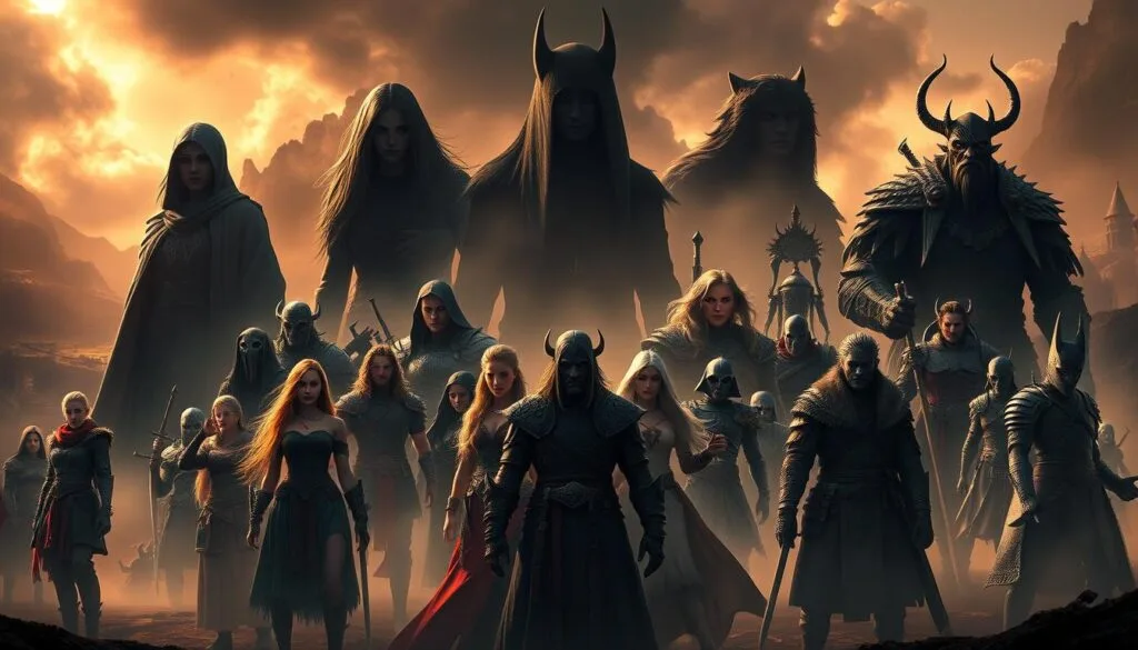 An epic gathering of Elden Ring's most memorable NPCs, rendered in a dramatic, cinematic style. In the foreground, the towering silhouettes of Melina, Ranni the Witch, and Blaidd the Half-Wolf stand resolute, their faces partially obscured by dramatic lighting and fog. In the middle ground, a diverse array of characters - Nepheli Loux, Fia the Deathbed Companion, Kenneth Haight, and Goldmask - are engaged in vivid, expressive poses, their details captured with remarkable clarity. The background is a sweeping vista of Elden Ring's mystical landscapes, bathed in an ominous, ethereal glow that sets the tone of the scene. The overall composition evokes a sense of the game's epic grandeur and the memorable NPCs that inhabit its world. An epic gathering of Elden Ring's most memorable NPCs, rendered in a dramatic, cinematic style. In the foreground, the towering silhouettes of Melina, Ranni the Witch, and Blaidd the Half-Wolf stand resolute, their faces partially obscured by dramatic lighting and fog. In the middle ground, a diverse array of characters - Nepheli Loux, Fia the Deathbed Companion, Kenneth Haight, and Goldmask - are engaged in vivid, expressive poses, their details captured with remarkable clarity. The background is a sweeping vista of Elden Ring's mystical landscapes, bathed in an ominous, ethereal glow that sets the tone of the scene. The overall composition evokes a sense of the game's epic grandeur and the memorable NPCs that inhabit its world.