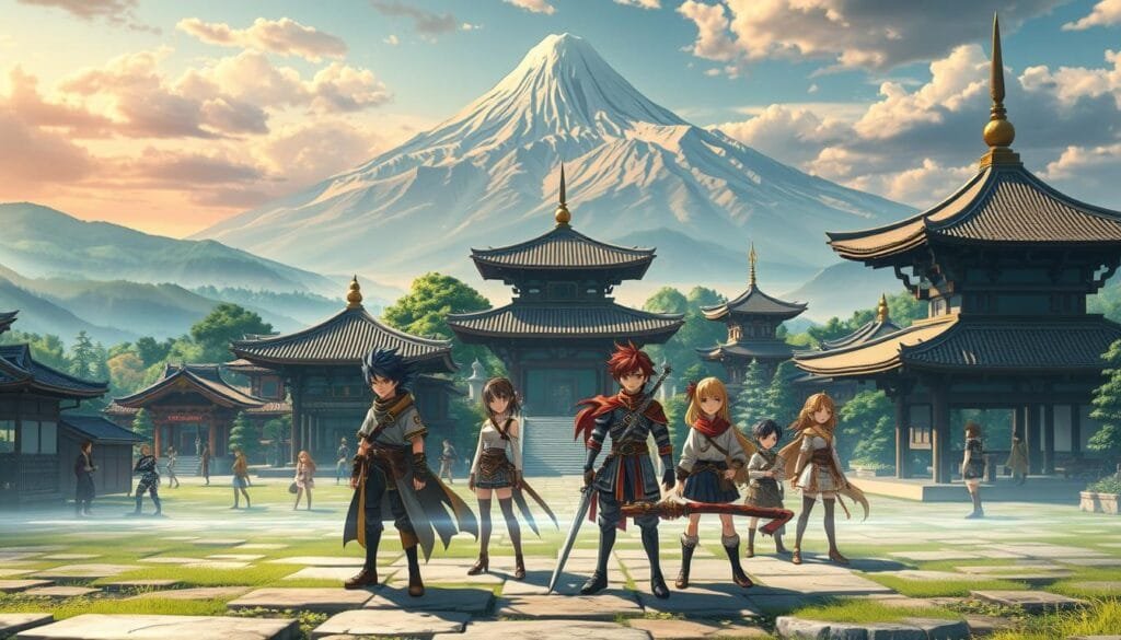An epic scene of Inazuma's most iconic characters, set against the stunning backdrop of the region's iconic architecture and landscapes. In the foreground, a dynamic group of warriors and mages stand ready, adorned in intricate, tradition-inspired attire. Blending seamlessly into the middle ground, shrines, pagodas, and lush gardens create a sense of place, while the distant peaks of the Narukami Islands rise majestically in the background, illuminated by a warm, golden light. Infuse the scene with an air of mysticism and honor, capturing the grandeur and cultural richness of Inazuma.