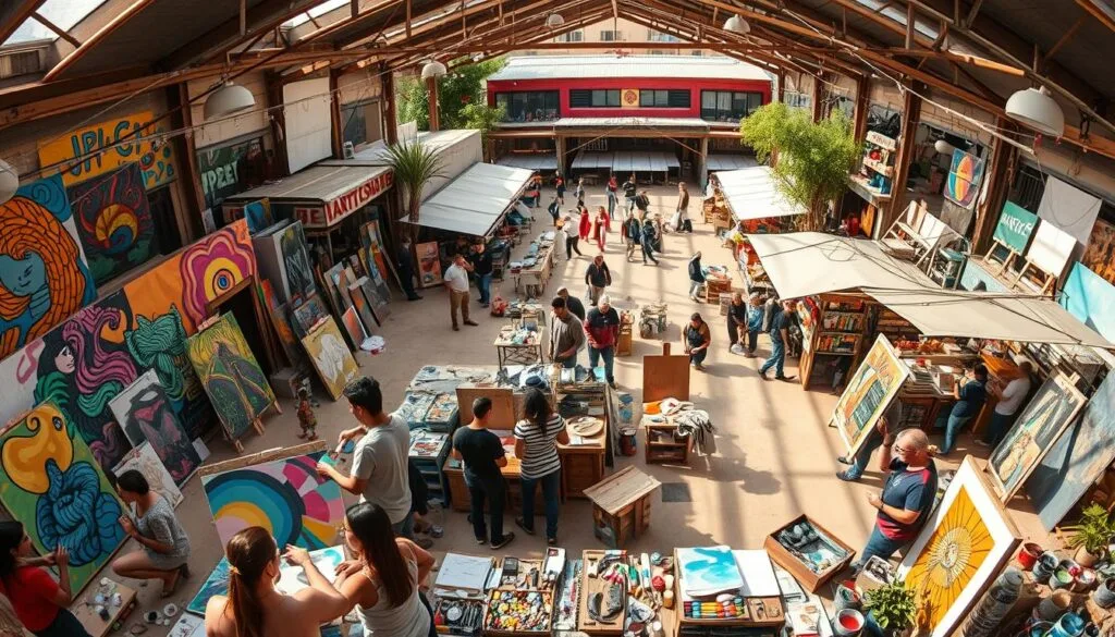An expansive artist community filled with vibrant creativity. In the foreground, groups of artists collaborate on vibrant murals, their hands artfully blending paint. The middle ground features an open-air studio space, where sculptors shape raw materials into captivating forms. In the background, a bustling central plaza showcases a diverse array of artisanal stalls, vendors proudly displaying handcrafted wares. Warm, natural lighting bathes the scene, evoking a sense of warmth and inspiration. A wide-angle lens captures the dynamic energy and collaborative spirit of this vibrant artistic hub. An expansive artist community filled with vibrant creativity. In the foreground, groups of artists collaborate on vibrant murals, their hands artfully blending paint. The middle ground features an open-air studio space, where sculptors shape raw materials into captivating forms. In the background, a bustling central plaza showcases a diverse array of artisanal stalls, vendors proudly displaying handcrafted wares. Warm, natural lighting bathes the scene, evoking a sense of warmth and inspiration. A wide-angle lens captures the dynamic energy and collaborative spirit of this vibrant artistic hub.