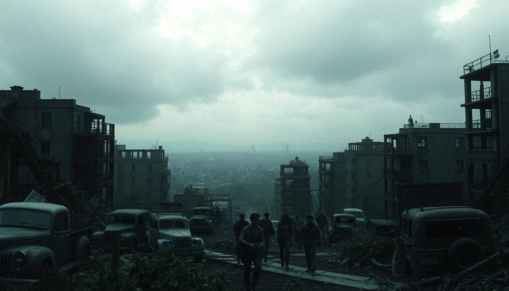 An expansive, dilapidated cityscape under a gloomy, overcast sky. Crumbling buildings, rusted vehicles, and overgrown foliage dominate the foreground, conveying a sense of abandonment and decay. In the middle ground, a group of weathered survivors navigate the treacherous environment, their faces etched with determination and a hint of despair. The background is shrouded in a hazy, post-apocalyptic atmosphere, with faint traces of a once-thriving metropolis barely visible in the distance. The scene is lit by a soft, diffused lighting, creating an ominous and somber mood that captures the essence of the post-apocalyptic world of "The Last of Us."