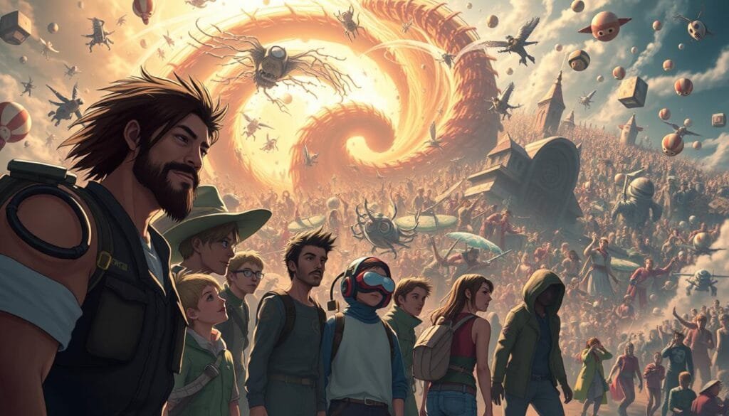 An expansive, vibrant depiction of the cultural phenomenon that is Among Us. In the foreground, a dynamic scene showcases the iconic crewmates, their distinct personalities and identities on full display. The middle ground features a swirling vortex of diverse creative expressions - from fan art and cosplay to video game mods and merchandise. Filling the background, a sprawling, fantastical realm where the game's lore and mythos come to life, hinting at the boundless potential for imaginative interpretations. Bathed in a warm, inviting glow, the overall composition conveys a sense of excitement, community, and the power of this cultural touchstone to inspire endless creativity.