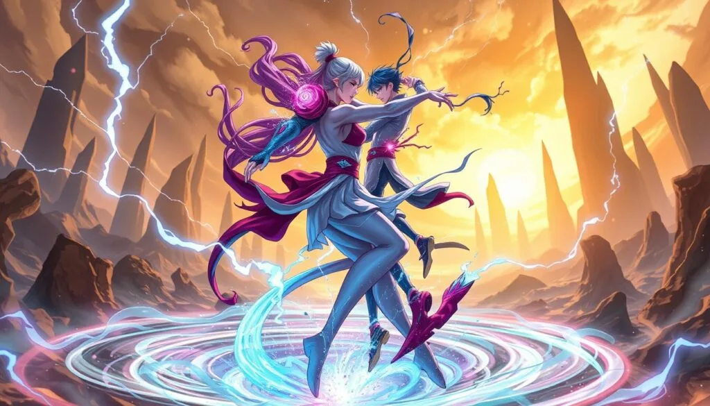 An imaginative fusion of Jujutsu Kaisen characters, rendered in a vibrant, ethereal style. A striking focal point in the foreground, two figures intertwined in a dynamic, otherworldly dance, their bodies blending and distorting in a captivating display of power and mysticism. The middle ground is a swirling vortex of energy, bolts of electricity and shimmering particles cascading around them. In the background, a dreamlike landscape of towering, abstract forms, bathed in a warm, golden light that casts a sense of wonder and mystery. The overall scene exudes a sense of creative possibility, a fusion of distinct personalities and abilities coalescing into a mesmerizing new entity.