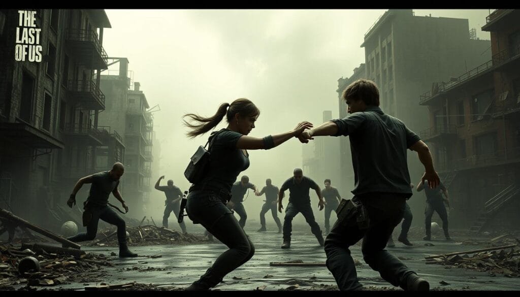 An intense battle scene set in the devastated urban landscapes of The Last of Us. In the foreground, two battle-hardened survivors, Ellie and Joel, are engaged in a fierce hand-to-hand combat with a group of infected, their movements desperate and gritty. The middle ground is shrouded in a hazy, post-apocalyptic atmosphere, with crumbling buildings and debris littering the scene. In the background, a sense of looming danger is heightened by the eerie, overcast lighting and the ominous silhouettes of distant infected, creating a palpable tension. The overall mood is one of high-stakes, visceral action, capturing the intense struggle for survival that defines the world of The Last of Us.