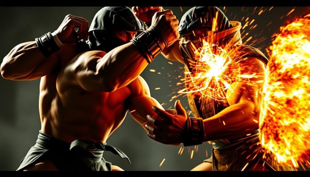 An intense, cinematic close-up view of two Mortal Kombat fighters mid-combat, showcasing their signature special moves. Dramatic lighting casts harsh shadows, highlighting the muscular anatomy and intense expressions of the characters. The fighters are frozen in a dynamic, high-impact pose, energy surging around them as they unleash devastating attacks. The background is blurred, putting the focal point on the raw power and brutality of the combat. The overall atmosphere is one of visceral, over-the-top violence and spectacle, capturing the iconic essence of Mortal Kombat.