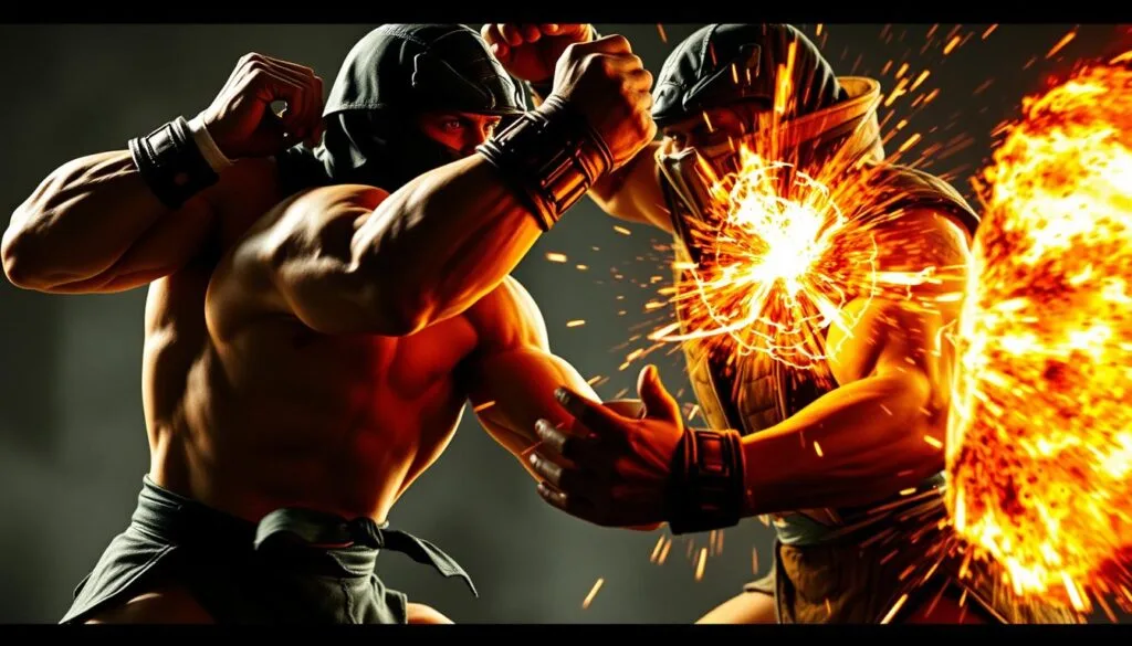An intense, cinematic close-up view of two Mortal Kombat fighters mid-combat, showcasing their signature special moves. Dramatic lighting casts harsh shadows, highlighting the muscular anatomy and intense expressions of the characters. The fighters are frozen in a dynamic, high-impact pose, energy surging around them as they unleash devastating attacks. The background is blurred, putting the focal point on the raw power and brutality of the combat. The overall atmosphere is one of visceral, over-the-top violence and spectacle, capturing the iconic essence of Mortal Kombat.