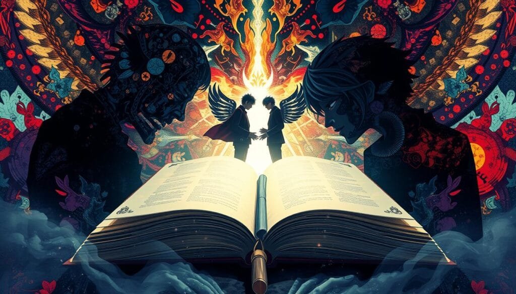 An intricate and captivating illustration of the iconic "Death Note" franchise, showcasing a striking fusion of various artistic styles. In the foreground, a dramatic close-up of the enigmatic Death Note book, its pages illuminated by a soft, ethereal glow. The middle ground features the silhouettes of the series' protagonists, L and Light, engaged in a tense, intellectual battle, their expressions shrouded in shadow. The background is a kaleidoscope of vibrant, abstract shapes and patterns, evoking the psychological complexity and supernatural elements of the narrative. The overall composition is infused with a sense of mystery, tension, and artistic flair, seamlessly blending realism and surrealism to capture the essence of the "Death Note" universe.