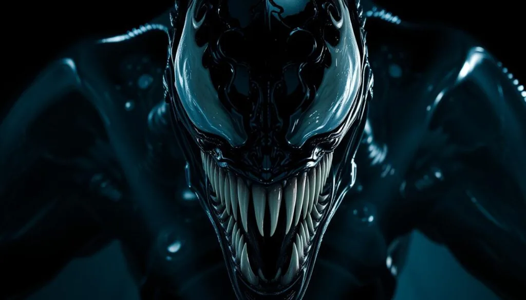 An intricate close-up of Venom's iconic symbiotic alien form, with its glistening black tendrils and sharp fangs emerging from a dark, textured background. The creature's piercing white eyes and menacing expression convey a sense of power and danger, while subtle highlights and shadows create depth and dimensionality. The lighting is dramatic, with high-contrast beams illuminating the symbiote's intricate patterns and textures, lending an air of mystery and intensity to the scene. The camera angle is low, emphasizing the formidable presence of the creature and drawing the viewer into its world. The overall atmosphere is one of foreboding, hinting at the challenges and obstacles that may arise when attempting to capture Venom's essence through AI-generated imagery.