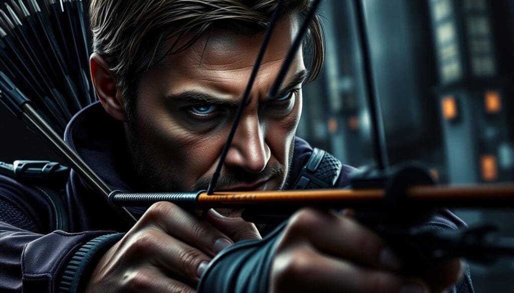 An intricately detailed portrait of Hawkeye, the skilled archer from the Marvel universe, wielding his iconic bow and arrows in a dynamic action pose. The foreground features Hawkeye's rugged, determined expression, his piercing gaze focused intently on his target. Intricate textures and contours define his uniform, with subtle shades of purple, black, and gray. The middle ground showcases Hawkeye's impressive archery skills, with an arrow mid-flight, the fletching and metallic arrowhead rendered with precision. The background is a dimly lit, urban environment, hinting at the character's tactical nature and stealthy movements. Dramatic chiaroscuro lighting casts dramatic shadows, enhancing the moody, cinematic atmosphere. The overall composition conveys Hawkeye's prowess, agility, and unwavering commitment to his role as a superhero protector.
