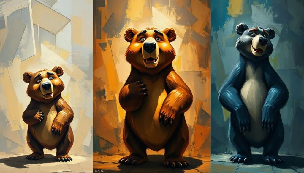 An oil painting of The Bear from the animated TV series, rendered in the style of different artistic movements: impressionism, expressionism, cubism, surrealism, and photorealism. The bear is depicted in a dynamic, emotive pose against a richly textured background that reflects the unique aesthetic of each artistic style. Soft, hazy brushstrokes for impressionism, bold, distorted forms for expressionism, fragmented shapes and planes for cubism, surreal, dreamlike elements for surrealism, and hyper-realistic, intricate details for photorealism. Dramatic lighting from multiple angles creates depth, shadow, and highlights to showcase the bear's volume and texture in each artistic interpretation.