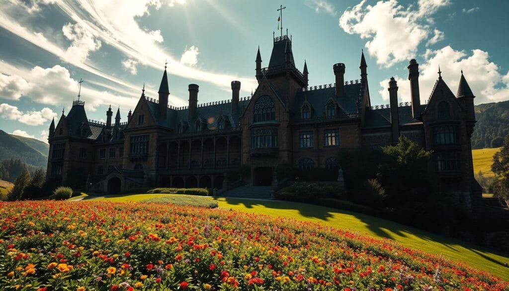 An ornate, medieval-inspired manor nestled in a lush, rolling landscape. The House of the Dragon stands tall, its towering spires and intricate architecture casting long shadows across the grounds. Sunlight filters through stained glass windows, illuminating the rich, warm tones of the stone. In the foreground, a sprawling garden bursts with vibrant flora, the vibrant hues contrasting with the somber, regal facade. Wispy clouds drift overhead, casting ever-changing patterns of light and shadow. The scene conveys a sense of power, history, and the quiet, unyielding strength of the Targaryen dynasty.