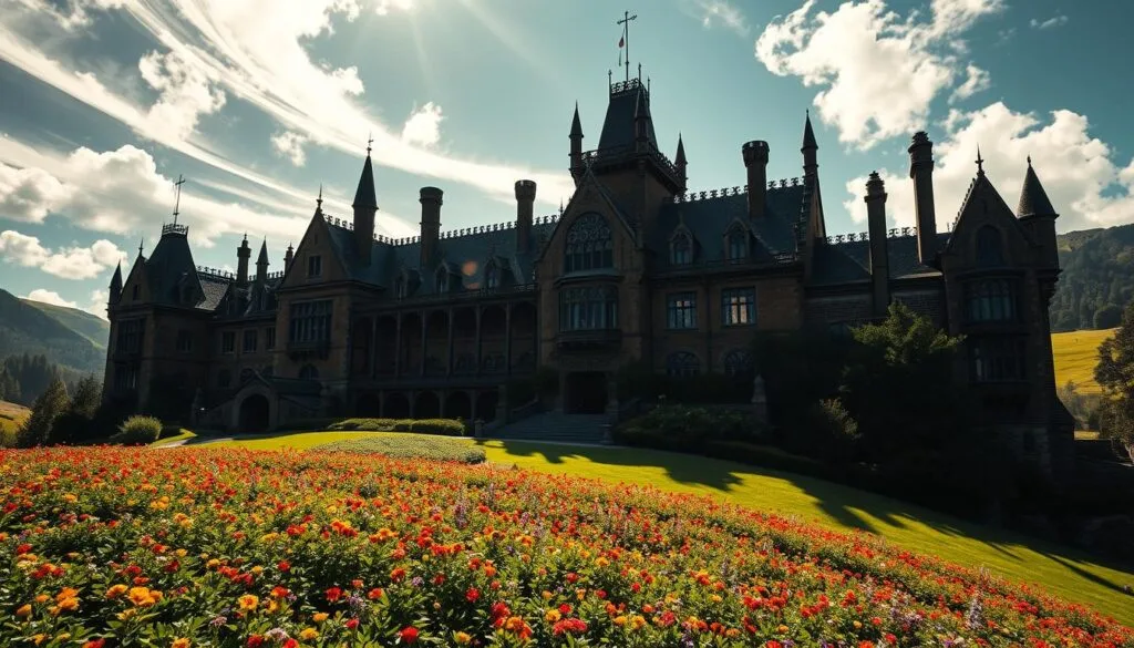An ornate, medieval-inspired manor nestled in a lush, rolling landscape. The House of the Dragon stands tall, its towering spires and intricate architecture casting long shadows across the grounds. Sunlight filters through stained glass windows, illuminating the rich, warm tones of the stone. In the foreground, a sprawling garden bursts with vibrant flora, the vibrant hues contrasting with the somber, regal facade. Wispy clouds drift overhead, casting ever-changing patterns of light and shadow. The scene conveys a sense of power, history, and the quiet, unyielding strength of the Targaryen dynasty. An ornate, medieval-inspired manor nestled in a lush, rolling landscape. The House of the Dragon stands tall, its towering spires and intricate architecture casting long shadows across the grounds. Sunlight filters through stained glass windows, illuminating the rich, warm tones of the stone. In the foreground, a sprawling garden bursts with vibrant flora, the vibrant hues contrasting with the somber, regal facade. Wispy clouds drift overhead, casting ever-changing patterns of light and shadow. The scene conveys a sense of power, history, and the quiet, unyielding strength of the Targaryen dynasty.