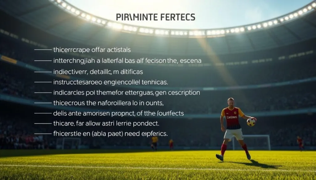 Anatomía de un prompt perfecto para FIFA: una ilustración detallada en estilo realista con iluminación suave y tenues tonos dorados. En el primer plano, un conjunto de palabras clave dispuestas en una composición precisa, representando los elementos esenciales de un prompt eficaz - desde la descripción detallada de la escena hasta la inclusión de instrucciones técnicas. En el fondo, un campo de fútbol con jugadores en acción, capturados en un ángulo dinámico que capta la emoción y la energía del deporte. La imagen transmite un sentido de equilibrio y armonía, ilustrando cómo un prompt bien estructurado y creativo puede dar vida a una imagen de FIFA que refleja la belleza y la emoción del juego.