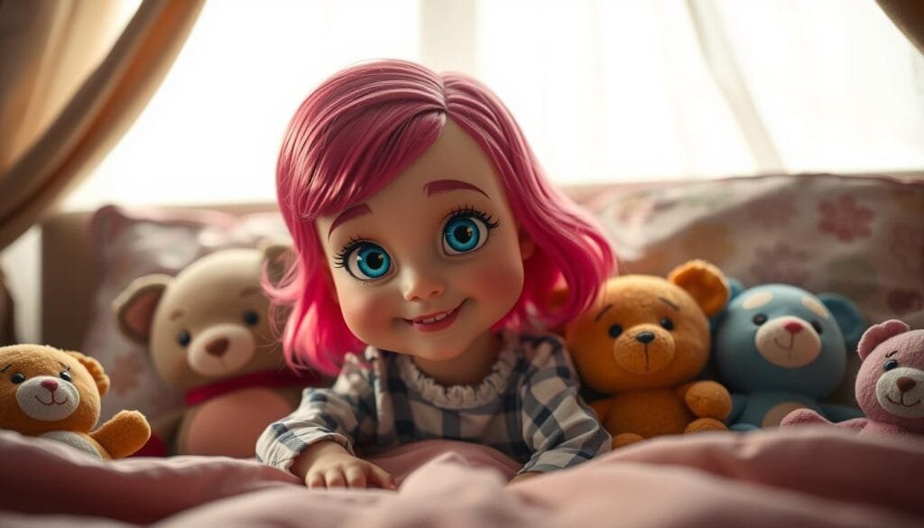Anya Forger, la adorable y traviesa hija de la familia Forger, con su cabello rosado brillante, ojos azules expresivos y una sonrisa radiante. Ella se encuentra sentada sobre una cama, rodeada de muñecos de peluche y juguetes, con una mirada juguetona y curiosa hacia el espectador. La iluminación es suave y cálida, creando una atmósfera acogedora y hogareña. El fondo es borroso, enfocando la atención en el personaje principal. La composición captura la esencia de Anya: inocente, encantadora y llena de vitalidad.
