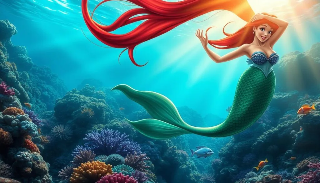 Ariel, the enchanting mermaid princess, gracefully swimming through a vibrant underwater seascape. In the foreground, her flowing crimson hair dances with the gentle current, her emerald tail propelling her effortlessly. The middle ground reveals a lush coral reef, teeming with vibrant marine life in hues of blue, purple, and gold. In the background, sunlight filters through the crystal-clear waters, creating a warm, ethereal glow. Beams of light illuminate the scene, casting soft shadows and highlighting the intricate details of the aquatic environment. The overall mood is one of serene beauty, inviting the viewer to immerse themselves in the tranquil, magical world of Ariel's underwater domain.