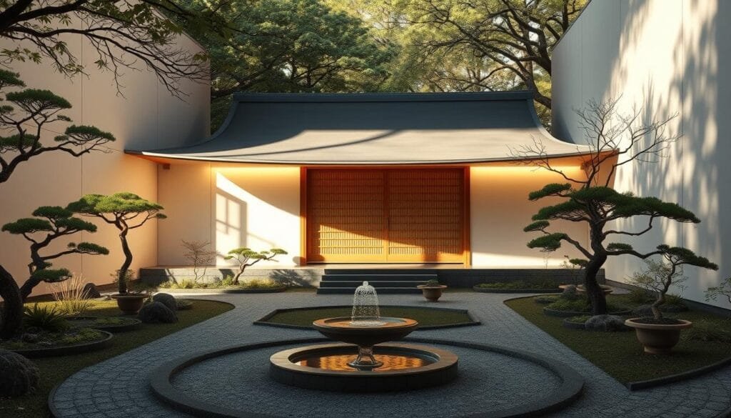 Arquitectura Taishō: un elegante pabellón de madera y papel, rodeado de un hermoso jardín con bonsáis, fuentes y caminos de piedra. Luz cálida y suave ilumina la escena, con sombras sutiles que evocan la tranquilidad de la época. Tejados curvos y paredes blancas se integran armoniosamente con el entorno natural, reflejando la estética minimalista y la apreciación del paisaje típica del Japón Taishō. Una atmósfera de serenidad y contemplación invita al observador a sumergirse en la esencia de esta época histórica. Arquitectura Taishō: un elegante pabellón de madera y papel, rodeado de un hermoso jardín con bonsáis, fuentes y caminos de piedra. Luz cálida y suave ilumina la escena, con sombras sutiles que evocan la tranquilidad de la época. Tejados curvos y paredes blancas se integran armoniosamente con el entorno natural, reflejando la estética minimalista y la apreciación del paisaje típica del Japón Taishō. Una atmósfera de serenidad y contemplación invita al observador a sumergirse en la esencia de esta época histórica.