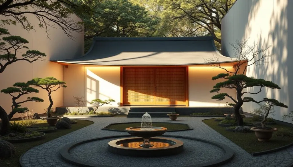 Arquitectura Taishō: un elegante pabellón de madera y papel, rodeado de un hermoso jardín con bonsáis, fuentes y caminos de piedra. Luz cálida y suave ilumina la escena, con sombras sutiles que evocan la tranquilidad de la época. Tejados curvos y paredes blancas se integran armoniosamente con el entorno natural, reflejando la estética minimalista y la apreciación del paisaje típica del Japón Taishō. Una atmósfera de serenidad y contemplación invita al observador a sumergirse en la esencia de esta época histórica.