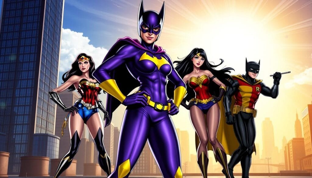 Batgirl standing confidently in the foreground, her purple and yellow costume accentuating her heroic pose. Alongside her, a dynamic group of fellow DC superheroes, including Wonder Woman, Nightwing, and Robin, all engaging in a spirited collaboration. The scene is set against a vibrant, comic-book-inspired cityscape, with towering skyscrapers and a brilliant, sun-dappled sky. Dramatic lighting casts dynamic shadows, heightening the sense of action and adventure. The overall composition conveys a sense of teamwork, camaraderie, and the power of the DC universe.