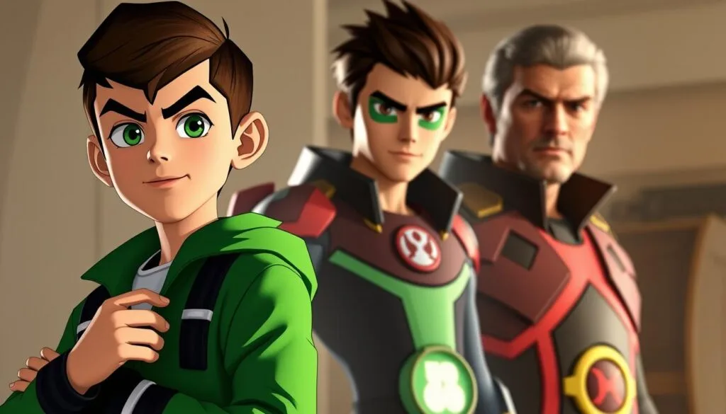 Ben Tennyson, the iconic hero of the Ben 10 universe, depicted in various stages of his life. In the foreground, a young Ben, with his iconic green jacket and Omnitrix device, stands resolute, ready to transform and save the day. In the middle ground, an adolescent Ben, his features more defined, wielding his transformative powers with growing confidence. In the background, an adult Ben, his features matured, exuding a sense of experience and wisdom gained from his heroic exploits. The lighting is natural, with a soft, diffused glow, capturing the character's introspective mood. The scene is rendered with a cinematic lens, emphasizing the drama and significance of Ben's journey through the different stages of his life, in a way that complements the article's subject and section title.