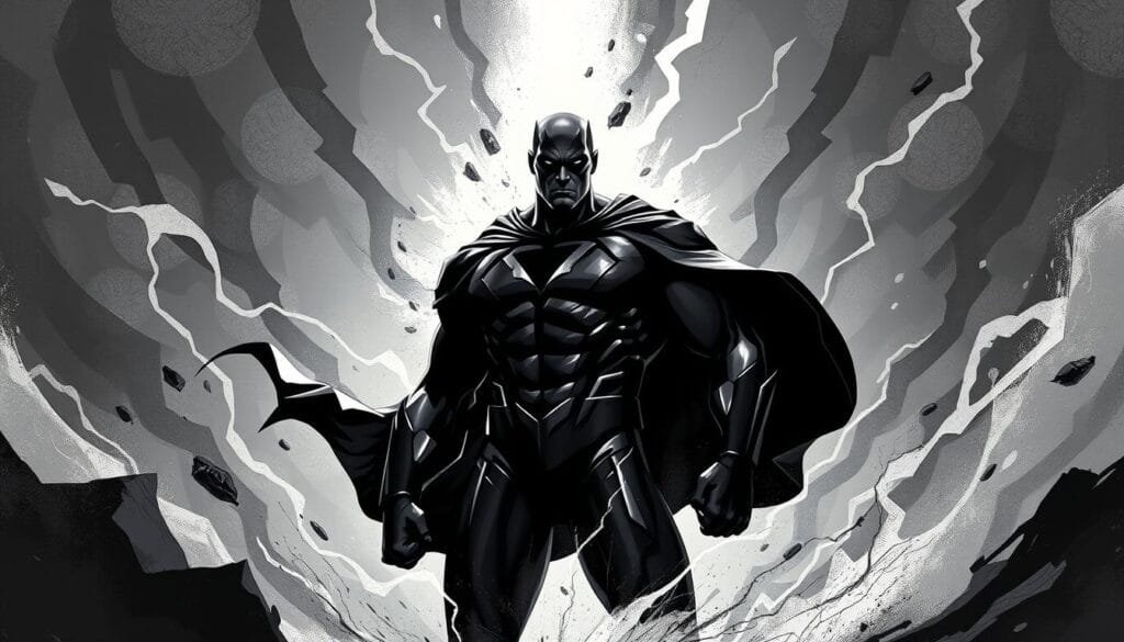 Black Adam, a powerful and enigmatic figure, stands in an abstract realm of swirling energy. Bold, angular forms in a monochromatic palette evoke the character's raw might and brooding intensity. Dramatic lighting casts dramatic shadows, emphasizing the hero's chiseled features and imposing presence. The background is a dynamic fusion of abstract textures and geometric shapes, creating a sense of motion and depth. This striking, avant-garde interpretation captures the essence of Black Adam, showcasing the character's complex and multifaceted nature through a bold, unconventional artistic lens.