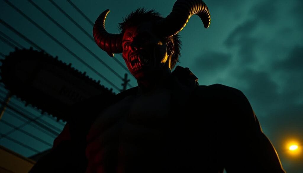 Características visuales de Chainsaw Man: Un Demonio con forma de hombre, portando una imponente motosierra a modo de brazo, con un semblante inquietante y una mirada penetrante. El personaje se encuentra en un entorno urbano oscuro y sombrío, con un cielo nublado y un ambiente tenso. La iluminación es tenue, proyectando sombras alargadas que acentúan la apariencia intimidante del Demonio. La cámara se posiciona en un ángulo ligeramente contrapicado, resaltando la imponente presencia del protagonista. Un enfoque nítido en el personaje principal, con un ligero desenfoque en el fondo, enfatizando el centro de atención. Características visuales de Chainsaw Man: Un Demonio con forma de hombre, portando una imponente motosierra a modo de brazo, con un semblante inquietante y una mirada penetrante. El personaje se encuentra en un entorno urbano oscuro y sombrío, con un cielo nublado y un ambiente tenso. La iluminación es tenue, proyectando sombras alargadas que acentúan la apariencia intimidante del Demonio. La cámara se posiciona en un ángulo ligeramente contrapicado, resaltando la imponente presencia del protagonista. Un enfoque nítido en el personaje principal, con un ligero desenfoque en el fondo, enfatizando el centro de atención.