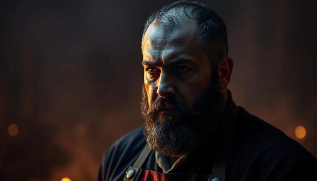 Carmy Berzatto, the charismatic protagonist of the acclaimed TV series "The Bear", portrayed in a stunning AI-generated image. Set against a moody, atmospheric backdrop, Carmy stands in the foreground, his intense gaze conveying the weight of his culinary journey. Subtle lighting accentuates the sharp lines of his face, while the depth of field blurs the background, drawing the viewer's focus to the subject. The image captures the raw energy and emotional complexity that defines Carmy's character, perfectly aligning with the subject and section title of the article.