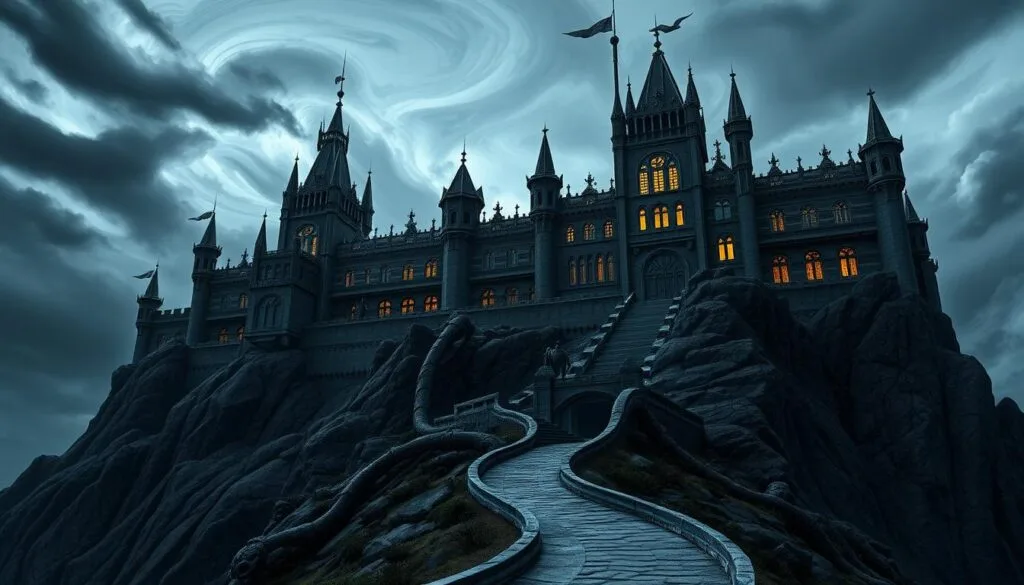 Castillo de Doctor Doom en Latveria, a sprawling gothic fortress perched atop a rugged mountain. Looming over a bleak, windswept landscape, its spires and battlements cast long shadows, exuding an aura of menace. Gargoyles and iron sculptures adorn the exterior, their malevolent gazes surveying the domain. Swirling clouds lend an ominous atmosphere, as if foretelling the villainous schemes hatched within. The castle's windows emit an eerie glow, hinting at the advanced technology and dark magic that empower its master. A narrow, winding road leads to the imposing main gate, guarded by Doom's elite Doombot sentinels. This is the seat of power for the self-proclaimed monarch of Latveria, a monument to his ambition and the fears of those who dare challenge his rule. Castillo de Doctor Doom en Latveria, a sprawling gothic fortress perched atop a rugged mountain. Looming over a bleak, windswept landscape, its spires and battlements cast long shadows, exuding an aura of menace. Gargoyles and iron sculptures adorn the exterior, their malevolent gazes surveying the domain. Swirling clouds lend an ominous atmosphere, as if foretelling the villainous schemes hatched within. The castle's windows emit an eerie glow, hinting at the advanced technology and dark magic that empower its master. A narrow, winding road leads to the imposing main gate, guarded by Doom's elite Doombot sentinels. This is the seat of power for the self-proclaimed monarch of Latveria, a monument to his ambition and the fears of those who dare challenge his rule.