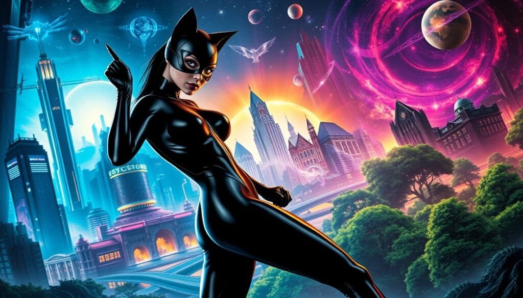 Catwoman, a feline femme fatale, stands poised in an array of alternative universes. In the foreground, she strikes a dynamic pose, her sleek black bodysuit accentuating her lithe, agile form. Surrounding her, the middle ground depicts a kaleidoscope of fantastical settings - from a neon-drenched cyberpunk cityscape to a lush, verdant forest realm. The background showcases a cosmic tapestry, with swirling galaxies and celestial phenomena, hinting at the boundless possibilities of her interdimensional exploits. Dramatic chiaroscuro lighting casts dramatic shadows, heightening the sense of mystery and intrigue. The overall composition evokes a captivating blend of action, mysticism, and the infinite potential of the multiverse.