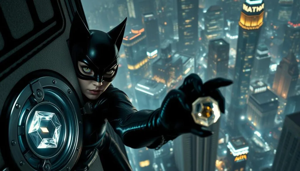 Catwoman, a feline-inspired thief, prowls the dimly lit streets, her black leather suit blending into the shadows. She deftly scales a towering skyscraper, her sharp claws and agile movements easily navigating the architectural landscape. In the foreground, her piercing green eyes focus intently on her target, a gleaming jewel encased in a high-security vault. The middle ground reveals the intricate security system, lasers and motion sensors, which she navigates with the grace of a dancer. The background showcases the bustling city skyline, its neon lights casting an eerie glow over the scene. Tension builds as Catwoman poises to strike, her mission of criminal subterfuge on the cusp of success. Catwoman, a feline-inspired thief, prowls the dimly lit streets, her black leather suit blending into the shadows. She deftly scales a towering skyscraper, her sharp claws and agile movements easily navigating the architectural landscape. In the foreground, her piercing green eyes focus intently on her target, a gleaming jewel encased in a high-security vault. The middle ground reveals the intricate security system, lasers and motion sensors, which she navigates with the grace of a dancer. The background showcases the bustling city skyline, its neon lights casting an eerie glow over the scene. Tension builds as Catwoman poises to strike, her mission of criminal subterfuge on the cusp of success.