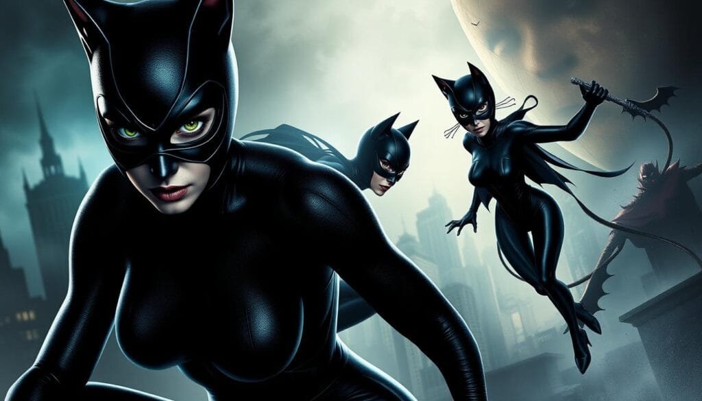 Catwoman in various artistic styles: a striking feline figure, her black catsuit shimmering with subtle textures, bold lines defining her lithe form. In the foreground, her piercing green eyes gaze intently, the light catching her sharp, angular features. The middle ground showcases her graceful movements, captured in dynamic poses that convey her feline agility. The background shifts between moody, atmospheric cityscapes and abstract, surreal landscapes, reflecting the character's duality between urban predator and enigmatic antihero. Dramatic lighting, a cinematic lens, and a balance of realism and stylization bring Catwoman to life in a diverse array of artistic interpretations.