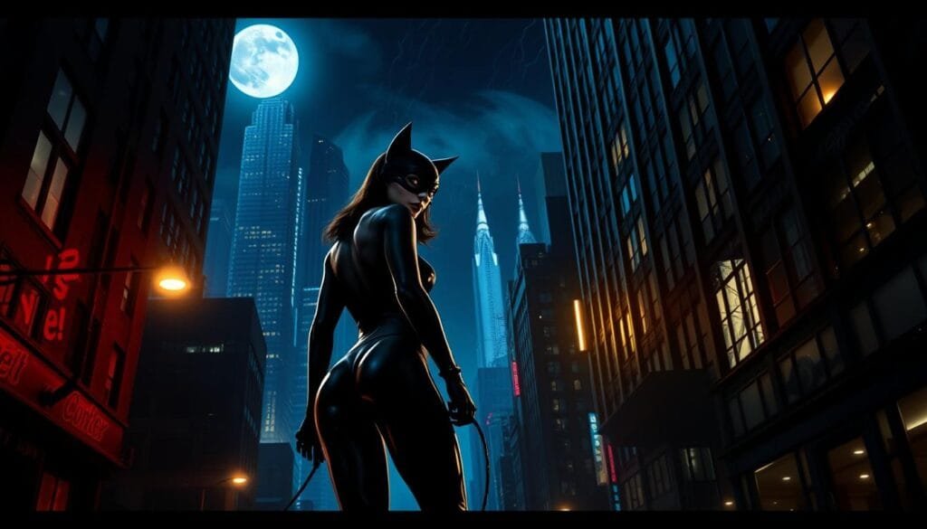 Catwoman prowling through the gritty, neon-lit streets of Gotham City, her lithe frame silhouetted against the towering skyscrapers. Moonlight casts dramatic shadows, accentuating her curves as she stalks her prey, her eyes scanning the alleyways for any sign of movement. The atmosphere is thick with tension, the air crackling with the promise of danger. In the distance, the Bat-Signal cuts through the night sky, casting an ominous glow over the city. Catwoman pauses, her muscles coiled, ready to pounce at a moment's notice, her whip at the ready to ensnare any foolish enough to cross her path.