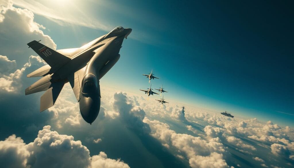 Cinematic aerial scene of the Top Gun: Maverick universe. Dramatic low-angle view of sleek fighter jets soaring through an expansive, cloud-filled sky. Brilliant sunlight casts long shadows, creating a sense of depth and movement. In the foreground, a lone F-18 Hornet gracefully banking, its fuselage gleaming. In the middle ground, a formation of jets slice through the air, their engines' exhaust trails etching fiery paths. In the distance, the silhouettes of aircraft carriers and naval destroyers dot the horizon, hinting at the grand scale of this high-stakes military drama. The overall mood is one of power, precision, and the awe-inspiring spectacle of modern aerial warfare. Cinematic aerial scene of the Top Gun: Maverick universe. Dramatic low-angle view of sleek fighter jets soaring through an expansive, cloud-filled sky. Brilliant sunlight casts long shadows, creating a sense of depth and movement. In the foreground, a lone F-18 Hornet gracefully banking, its fuselage gleaming. In the middle ground, a formation of jets slice through the air, their engines' exhaust trails etching fiery paths. In the distance, the silhouettes of aircraft carriers and naval destroyers dot the horizon, hinting at the grand scale of this high-stakes military drama. The overall mood is one of power, precision, and the awe-inspiring spectacle of modern aerial warfare.