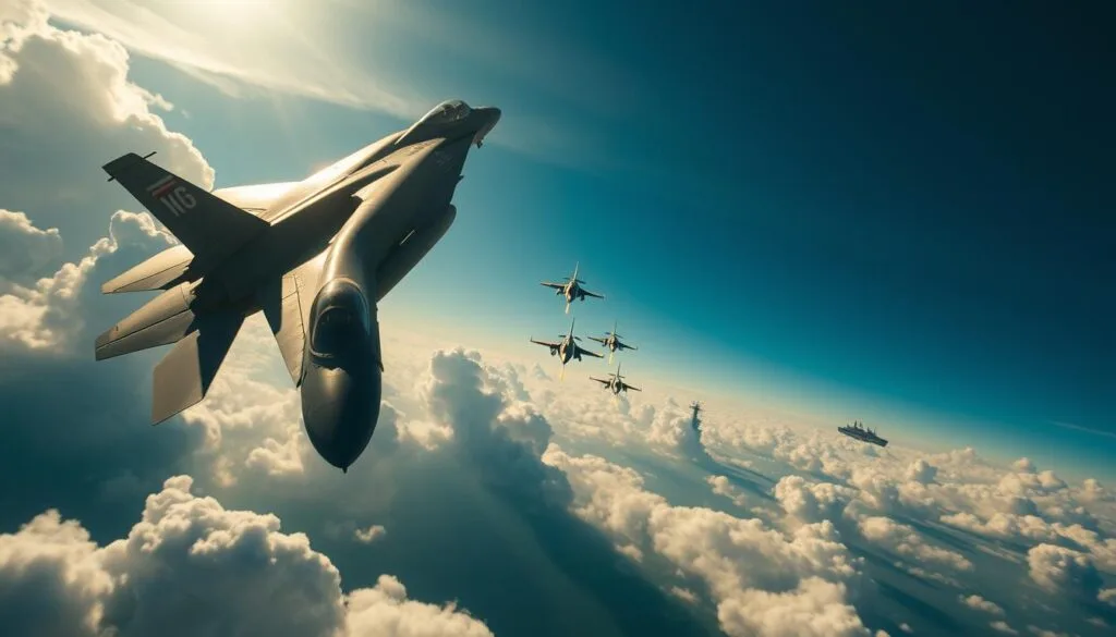 Cinematic aerial scene of the Top Gun: Maverick universe. Dramatic low-angle view of sleek fighter jets soaring through an expansive, cloud-filled sky. Brilliant sunlight casts long shadows, creating a sense of depth and movement. In the foreground, a lone F-18 Hornet gracefully banking, its fuselage gleaming. In the middle ground, a formation of jets slice through the air, their engines' exhaust trails etching fiery paths. In the distance, the silhouettes of aircraft carriers and naval destroyers dot the horizon, hinting at the grand scale of this high-stakes military drama. The overall mood is one of power, precision, and the awe-inspiring spectacle of modern aerial warfare.