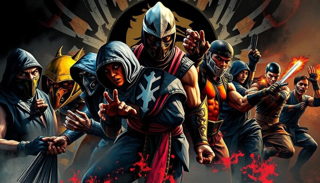 Cinematic and dynamic Mortal Kombat characters in a striking collage of diverse artistic styles. The foreground features iconic fighters in bold, brush-stroked interpretations, ranging from impressionist to expressionist and surrealist elements. The middle ground showcases dynamic combat poses in a vibrant, comic book-inspired aesthetic, with dynamic lines and intense colors. The background layers abstract, kaleidoscopic patterns that evoke the game's dark, gritty atmosphere, illuminated by dramatic chiaroscuro lighting and a subtle film grain texture. Composition emphasizes the clash of contrasting art styles, creating a visually captivating representation of the Mortal Kombat universe.