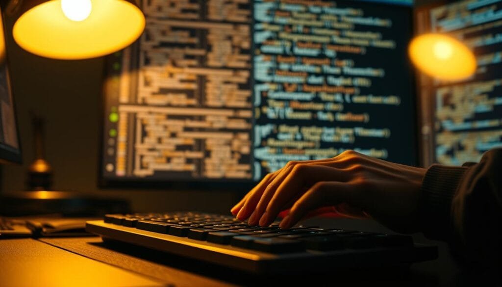 Cinematic close-up of a person's hands expertly typing on a keyboard, illuminated by the warm glow of a desk lamp. In the background, a large monitor displays a complex grid of text and code, hinting at the advanced techniques for crafting compelling Succession-themed prompts. The entire scene conveys a sense of focused determination and technical mastery, reflecting the high-level skills required to generate exceptional Succession images using AI.