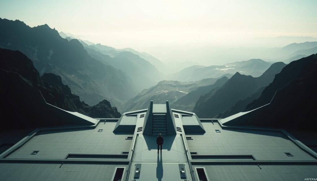 Cinematic landscape inspired by the visual style of director Joseph Kosinski. Dramatic lighting illuminates a desaturated, muted color palette. Sweeping aerial shots showcase vast, awe-inspiring vistas - towering mountains, distant horizons, and endless skies. Sleek, angular architecture stands in stark contrast, with bold silhouettes and clean lines. The composition is balanced and symmetrical, with a sense of scale and grandeur. Cinematic depth of field, subtle lens flares, and a cinematic aspect ratio convey a sense of immersion and filmic quality. An ethereal, contemplative mood permeates the scene, evoking a sense of wonder and technological sophistication. Cinematic landscape inspired by the visual style of director Joseph Kosinski. Dramatic lighting illuminates a desaturated, muted color palette. Sweeping aerial shots showcase vast, awe-inspiring vistas - towering mountains, distant horizons, and endless skies. Sleek, angular architecture stands in stark contrast, with bold silhouettes and clean lines. The composition is balanced and symmetrical, with a sense of scale and grandeur. Cinematic depth of field, subtle lens flares, and a cinematic aspect ratio convey a sense of immersion and filmic quality. An ethereal, contemplative mood permeates the scene, evoking a sense of wonder and technological sophistication.