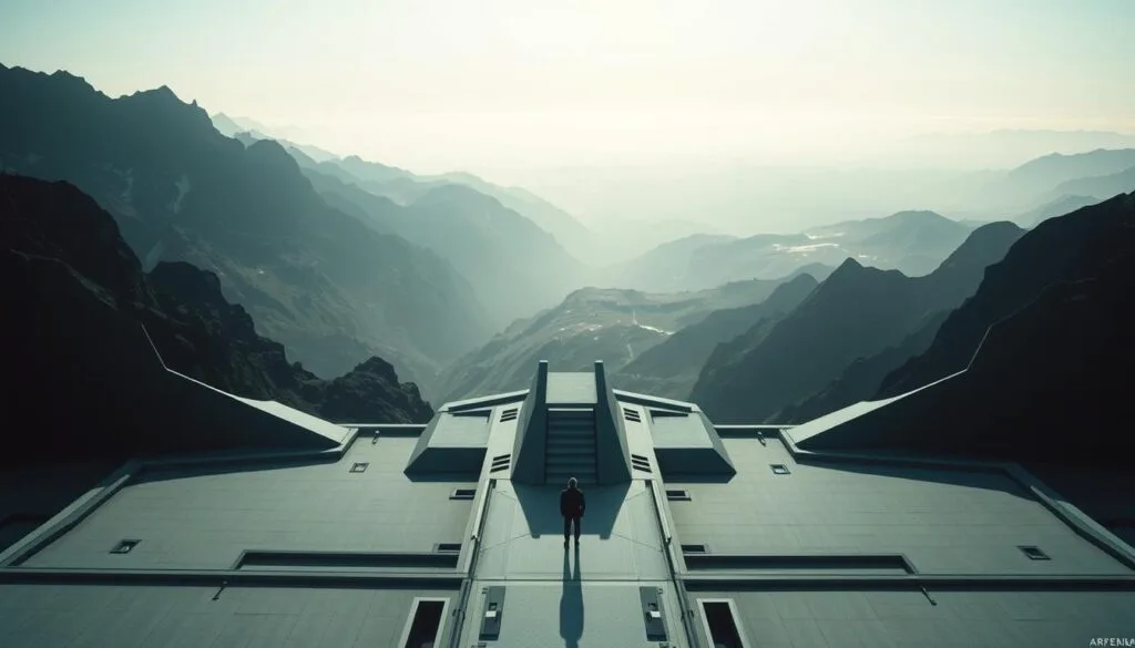 Cinematic landscape inspired by the visual style of director Joseph Kosinski. Dramatic lighting illuminates a desaturated, muted color palette. Sweeping aerial shots showcase vast, awe-inspiring vistas - towering mountains, distant horizons, and endless skies. Sleek, angular architecture stands in stark contrast, with bold silhouettes and clean lines. The composition is balanced and symmetrical, with a sense of scale and grandeur. Cinematic depth of field, subtle lens flares, and a cinematic aspect ratio convey a sense of immersion and filmic quality. An ethereal, contemplative mood permeates the scene, evoking a sense of wonder and technological sophistication.