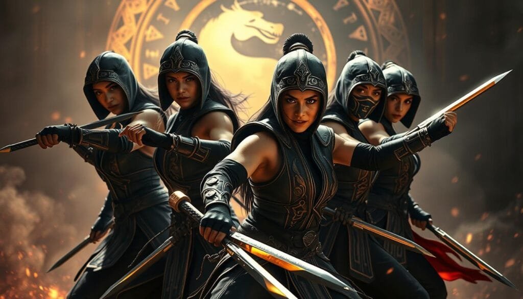 Cinematic portrait of fierce Mortal Kombat warrior women, dressed in traditional battle attire with intricate armor, wielding deadly weapons. Dramatic lighting casts dynamic shadows, emphasizing their powerful stances and intense expressions. The foreground features the central fighters in sharp focus, while the background blurs into a mystical realm of swirling energy and ancient symbols. Vibrant colors and a sense of motion convey the brutal yet graceful nature of these lethal kombatants.