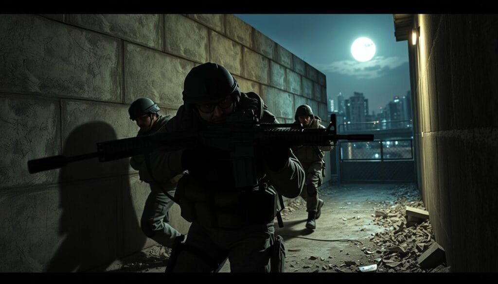 Cinematic scenes of Call of Duty: A gritty, realistic first-person shooter set in the modern era. Depict a squad of elite soldiers engaged in a covert night operation, silently breaching a fortified compound. Illuminate the scene with muzzle flashes and ambient moonlight, casting dramatic shadows across the weathered concrete walls. Capture the intense focus and determination on the soldiers' faces as they navigate the dimly lit corridors, weapons at the ready. In the background, glimpse the urban skyline of a war-torn city, hinting at the larger conflict unfolding. Convey a sense of high-stakes tension and tactical precision that defines the iconic Call of Duty gameplay experience.