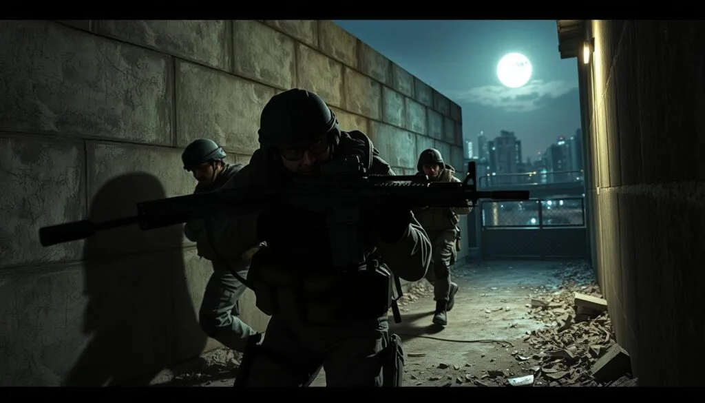 Cinematic scenes of Call of Duty: A gritty, realistic first-person shooter set in the modern era. Depict a squad of elite soldiers engaged in a covert night operation, silently breaching a fortified compound. Illuminate the scene with muzzle flashes and ambient moonlight, casting dramatic shadows across the weathered concrete walls. Capture the intense focus and determination on the soldiers' faces as they navigate the dimly lit corridors, weapons at the ready. In the background, glimpse the urban skyline of a war-torn city, hinting at the larger conflict unfolding. Convey a sense of high-stakes tension and tactical precision that defines the iconic Call of Duty gameplay experience.